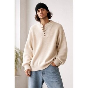 Geometrics Sweater Mens XL Cream Chunky Knit Henley USA 90's‎ Vintage Skate